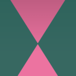 Pink header with a green double chevron on top.
