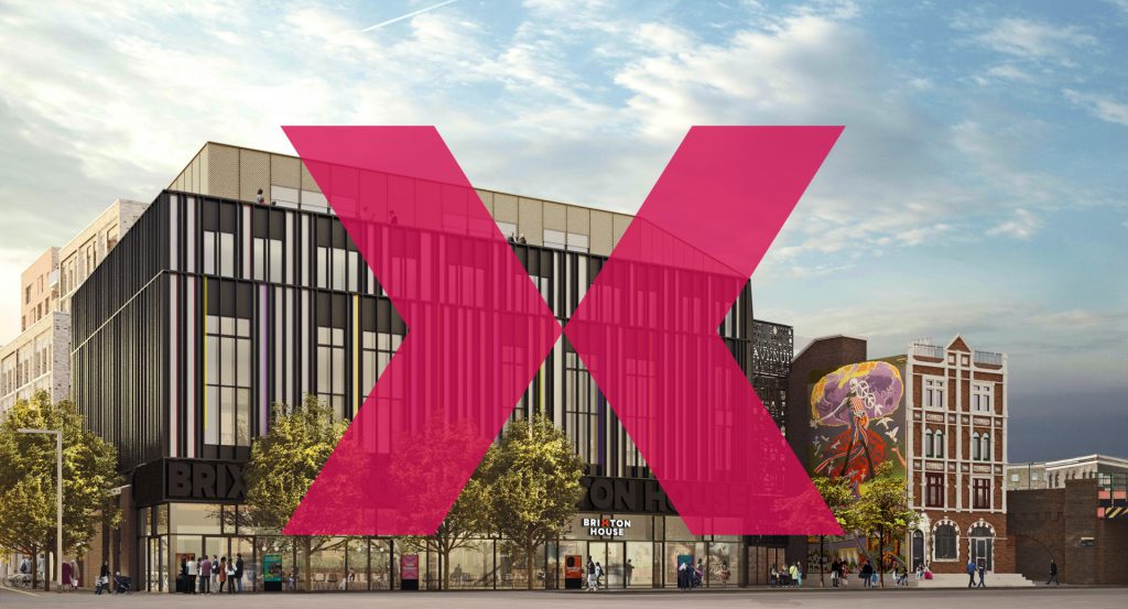 CGI image of the completed Brixton House overlaid with our 'x' logo.