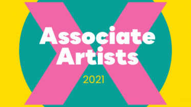 Yellow background with a teal circle and a pink chevron over the top. The text 'Associate Artists' is overlaid in white writing.
