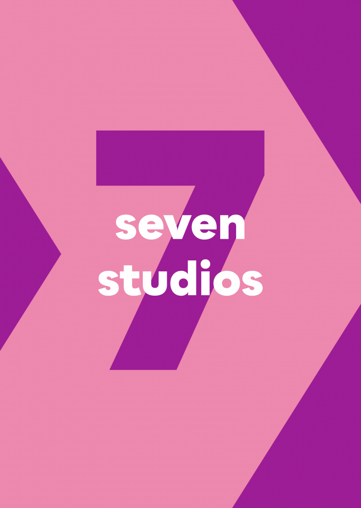 Purple background with a pink chevron. The number 7 is written in purple writing over the top of the chevron and the text 'seven studios' is overlaid in white.