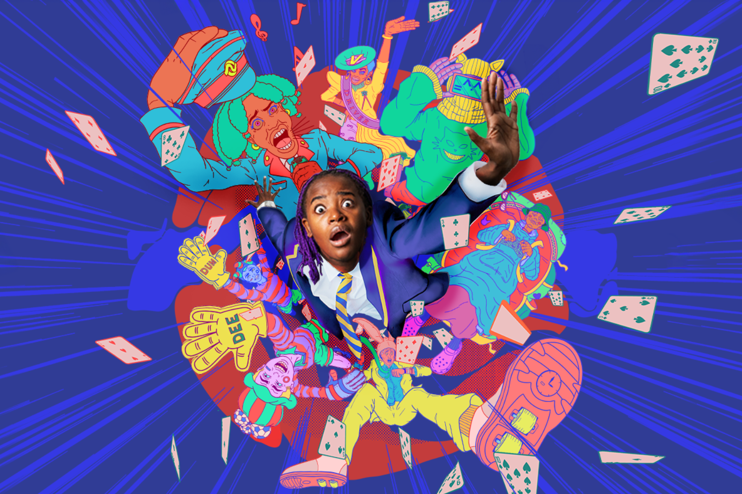 The character of Alice played by Tatenda Matsvai is falling down a bright blue hole. Alice is surrounded by illustrated figures and playing cards flying around the scene.