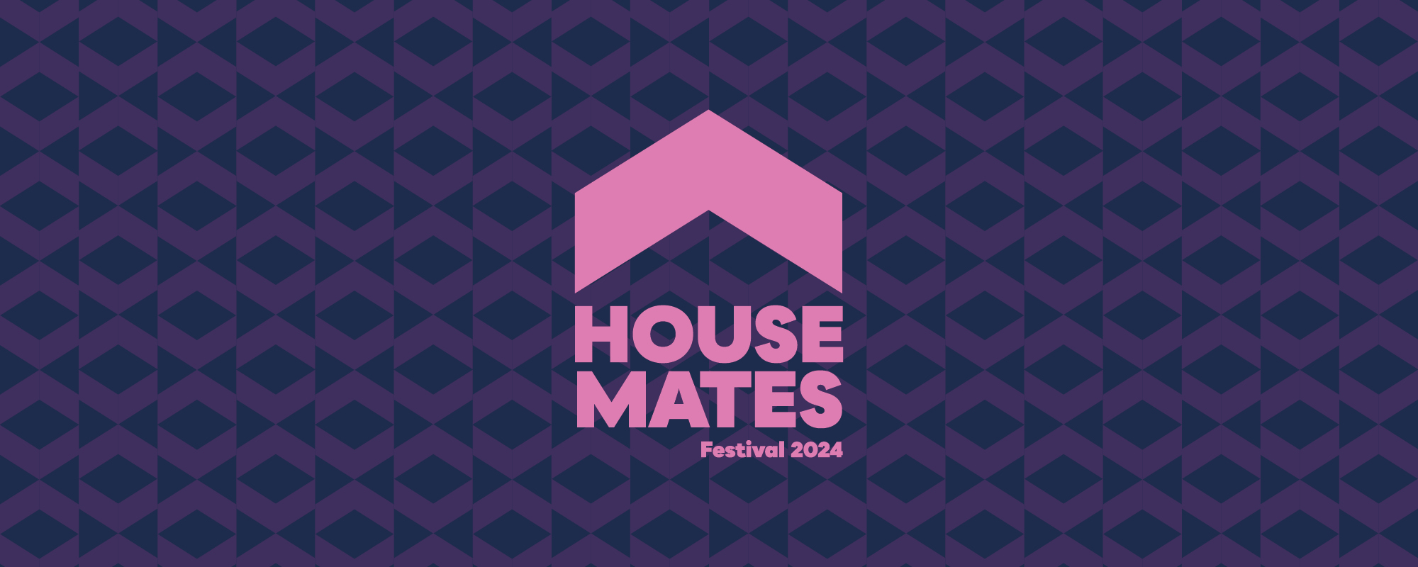 Housemates Festival 2024 logo, the text Housemates stacked with half a chevron to resemble a house. Pink logo against a dark purple chevron printed background