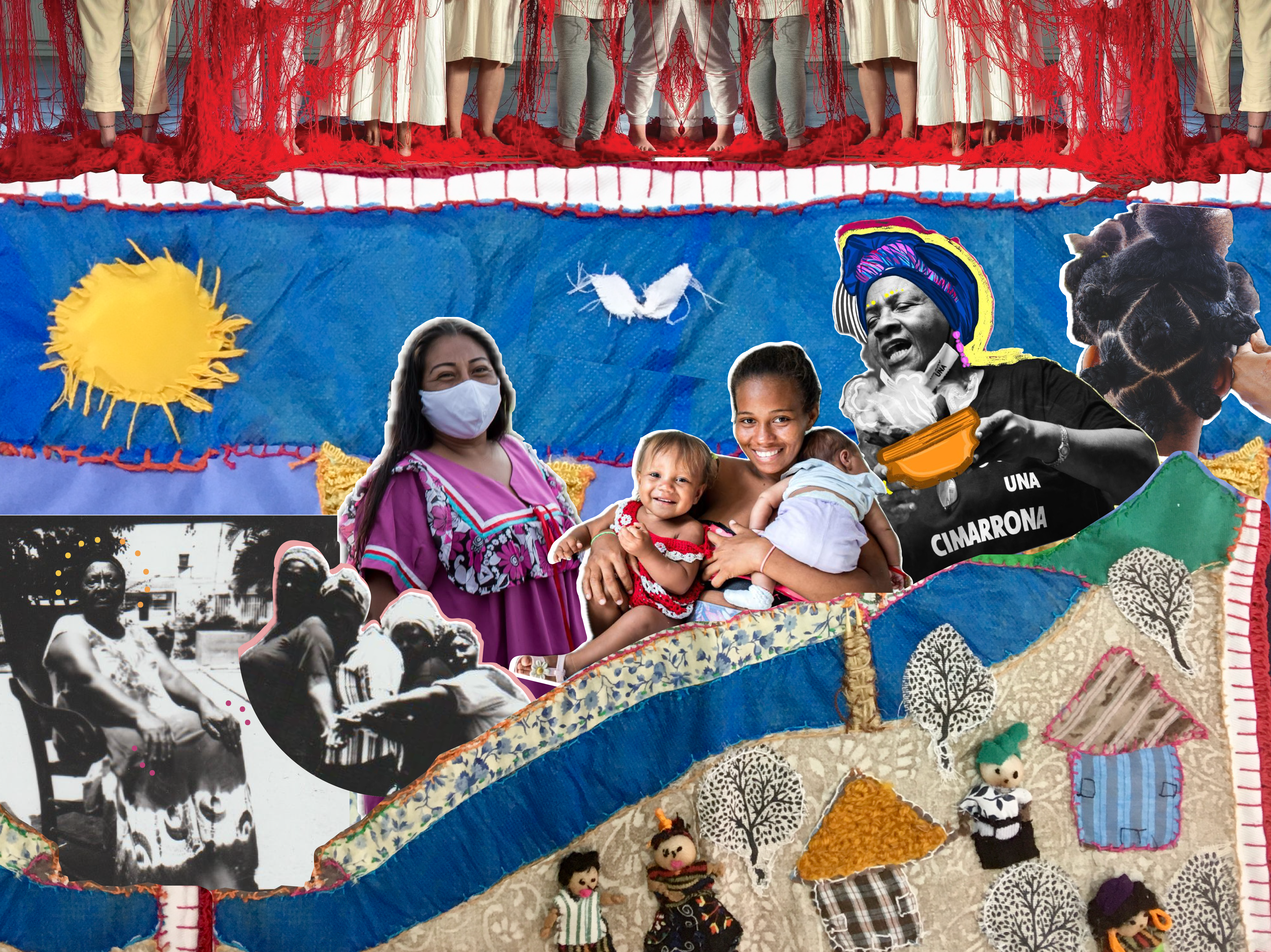 Images of racially diverse Latin American women –elderly women, women holding children, women with hot food, and women braiding hair– are woven into a threaded collage under a sun.