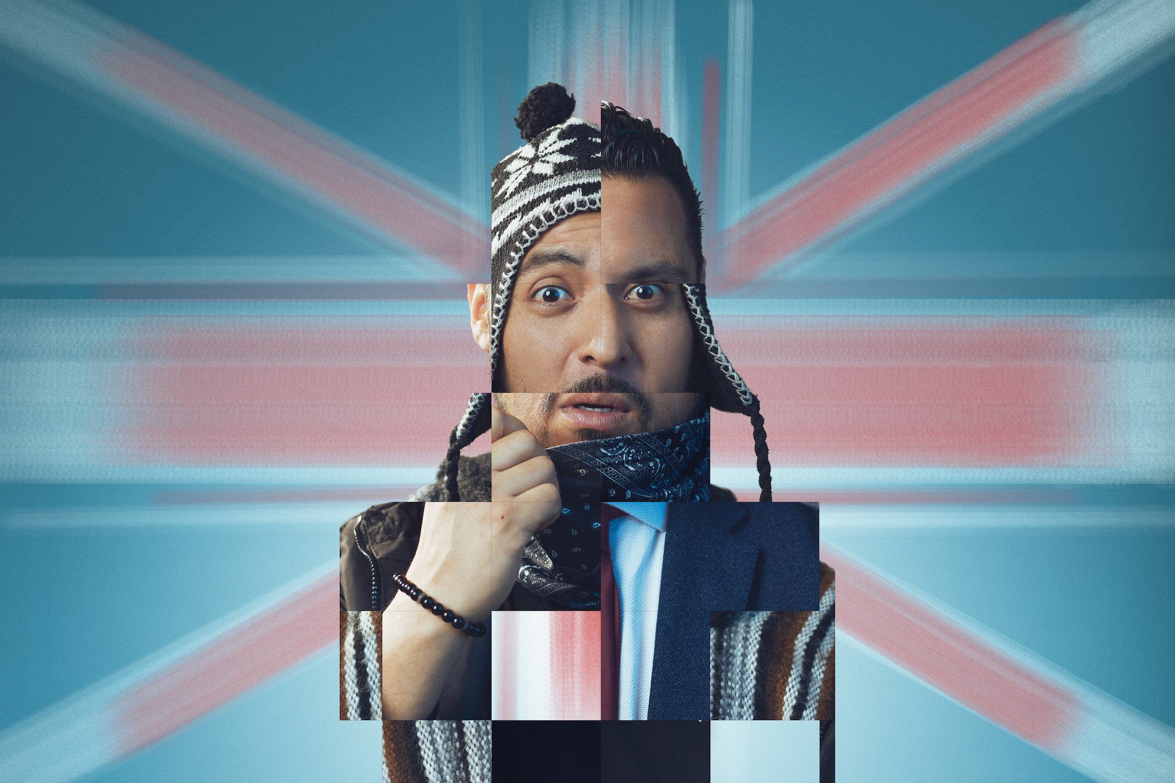 Pieces of Victor Rios' identities pieced into one protrait. Victor in the Andes, Victor in a suit and Brixton Victor, against the United Kingdom flag as a background.