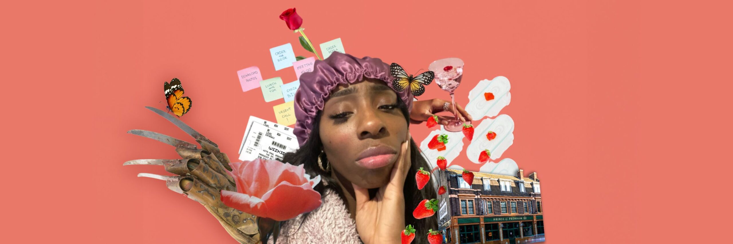 Ruth Oyediran as Bolade, a Black women with her head on her hand and a fed up expression on her face, wearing a bonnet. Surrounding her are references to the story and her period, including tickets to Wizkid, sanitary towels, roses, strawberries, a hand holding a cocktail glass, the Prince of Peckham pub and a Freddie Kruger hand. All overlayed on a blush pink background