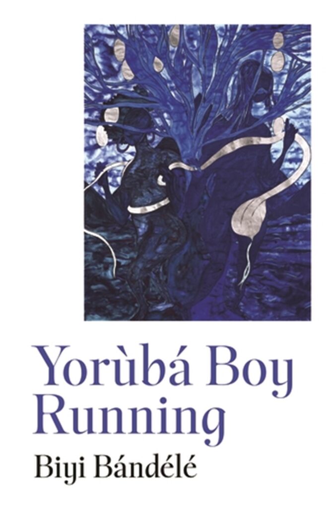 Book cover of Yorùbá Boy Running, white background with a Chris Ofili painting in shades of blue above the author name and title.